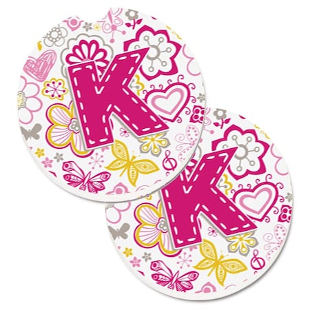 Carolines Treasures Letter K Flowers and Butterflies Pink Set of 2 Cup Holder Car Coaster CJ2005-KCARC